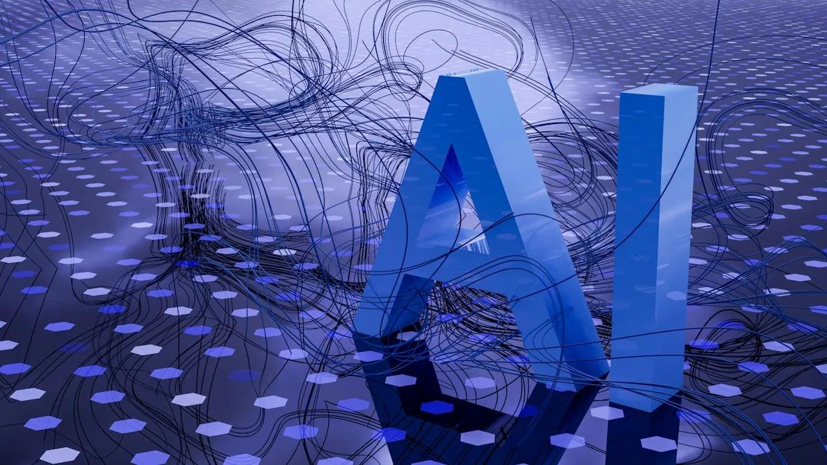 Blue AI lettering surrounded by flowing neural network connections