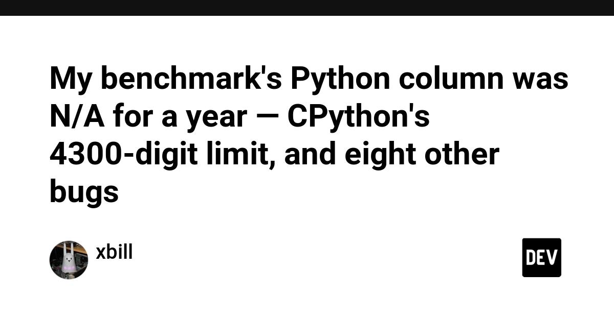 Cover for My benchmark's Python column was N/A for a year — CPython's 4300-digit limit, and eight other bugs